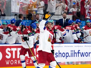 David Pastrňák sa teší z gólu vo finále MS v hokeji 2024.